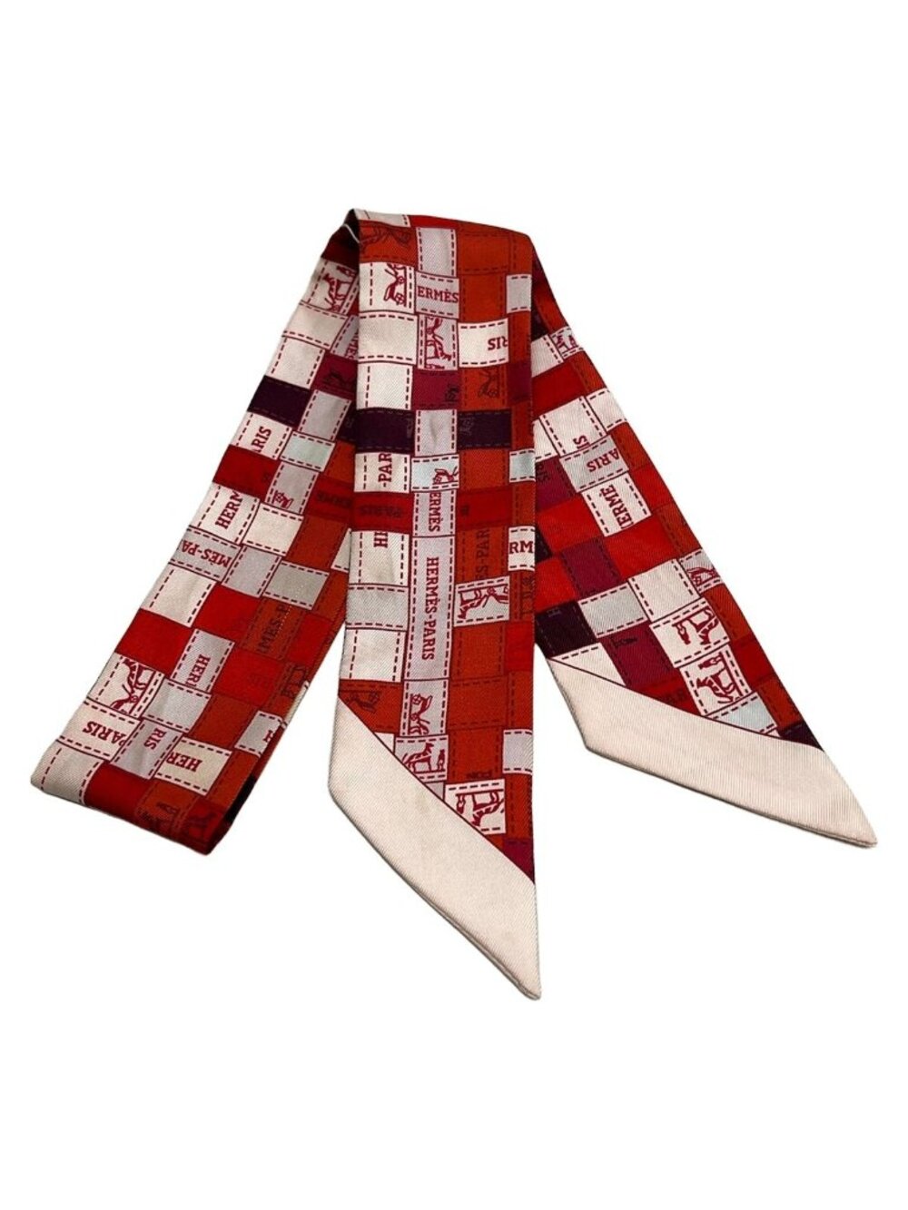 Hermes Scarf Twilly Red Beige Multi Ribbon Bolduc Plaid